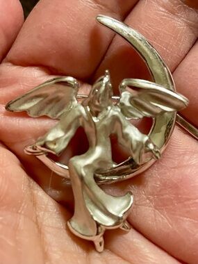 Vintage Silver Angel on Crescent Moon Signed Brooch